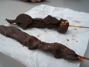 The Machine Shed's chocolate-covered bacon on a stick.