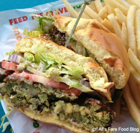 Cutaway shot of the falafel burger from Fresh-A-Peel